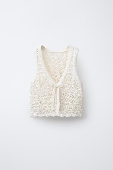 Zara CROCHET KNIT VEST - Ecru
