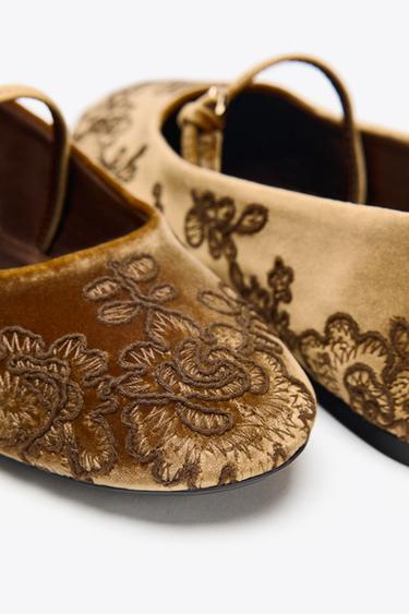 VELVET-EFFECT EMBROIDERED BALLERINAS - Ochre by Zara - Image 4