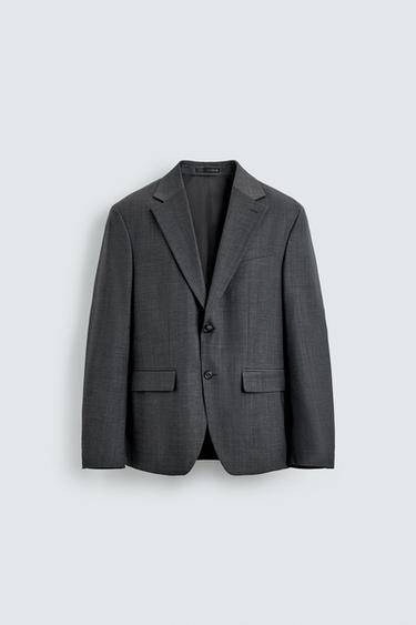 Zara 標準版細條紋羊毛西裝外套 - 灰色