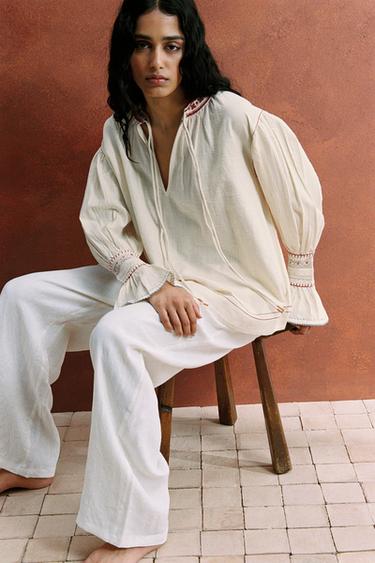 ZW COLLECTION EMBROIDERED SHIRT - Ecru / Maroon by Zara