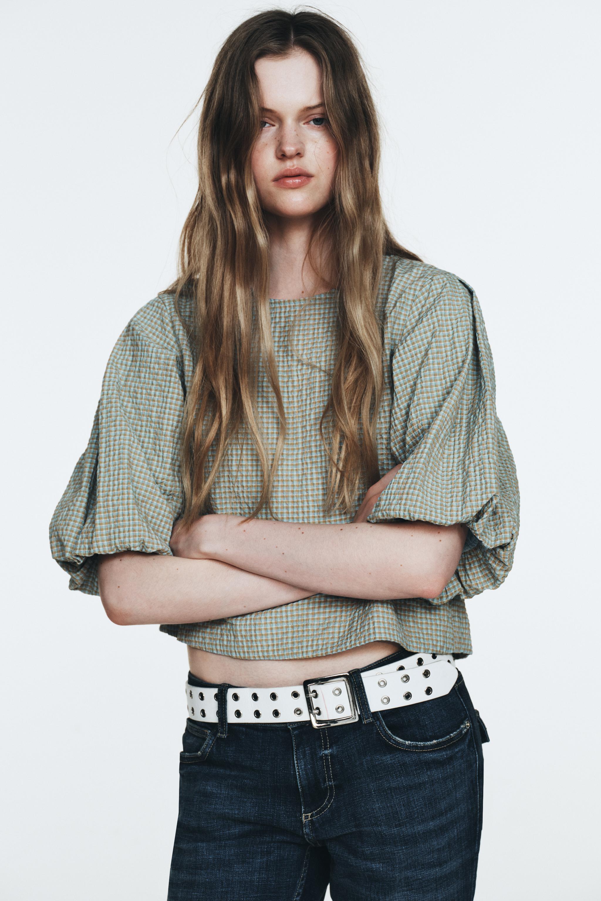 CHECKED BALLOON SLEEVE TOP - Brown-Blue | ZARA United States