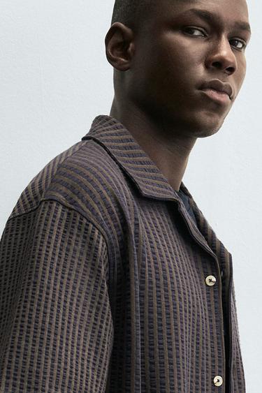 Zara SEERSUCKER COMFORT SHIRT - Brown-Blue