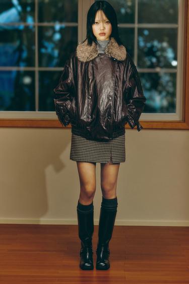 Zara ZW COLLECTION 亮面人造皮草領夾克 - 棕色