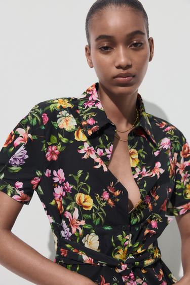 FLORAL PRINT POPLIN TOP - Black / Green by Zara - Image 2