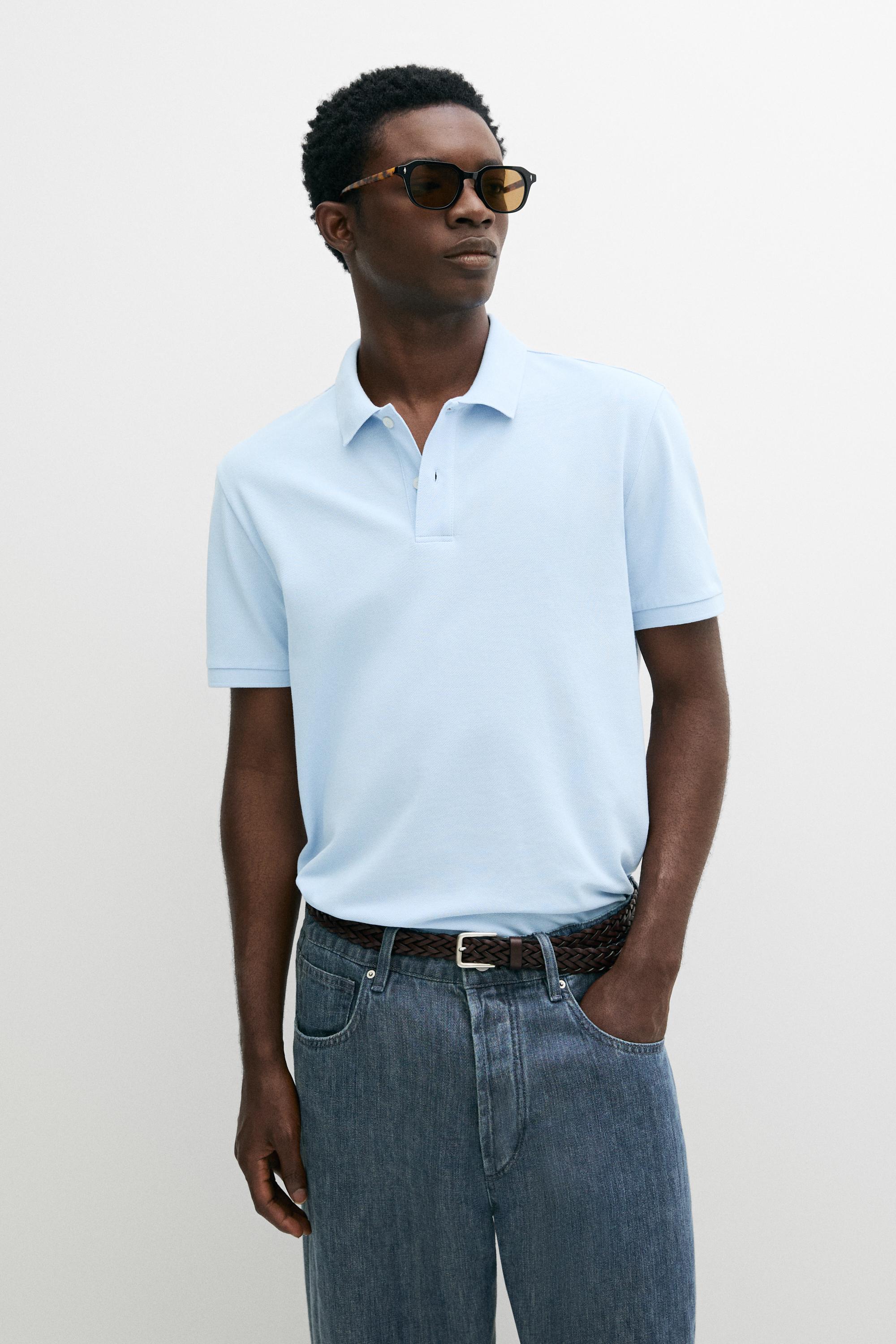Micro-textured cotton piqué polo shirt — Light blue