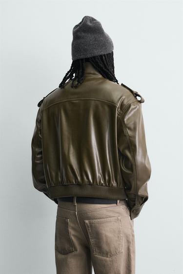 CROPPED FIT FAUX LEATHER JACKET - Olive green by Zara - Image 2