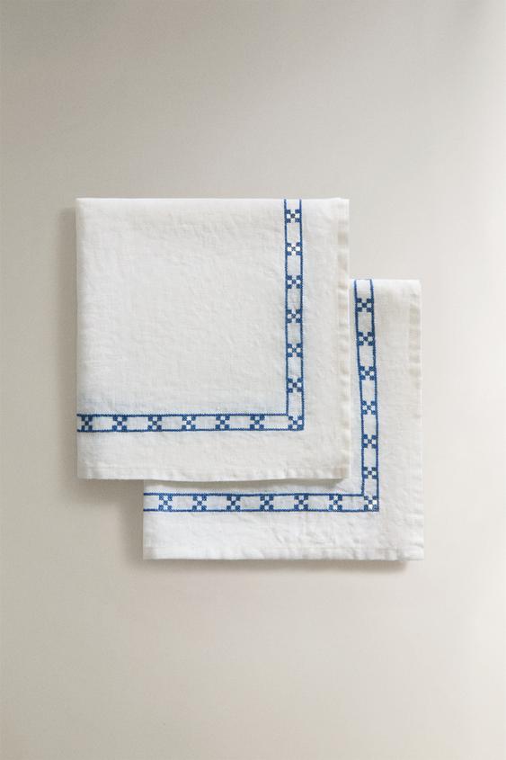 Zara GEOMETRIC EMBROIDERED NAPKINS (PACK OF 2) - White - Image 0