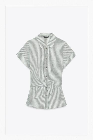 CAMISA RAYAS NUDO CON LINO - Verde / Crudo de Zara