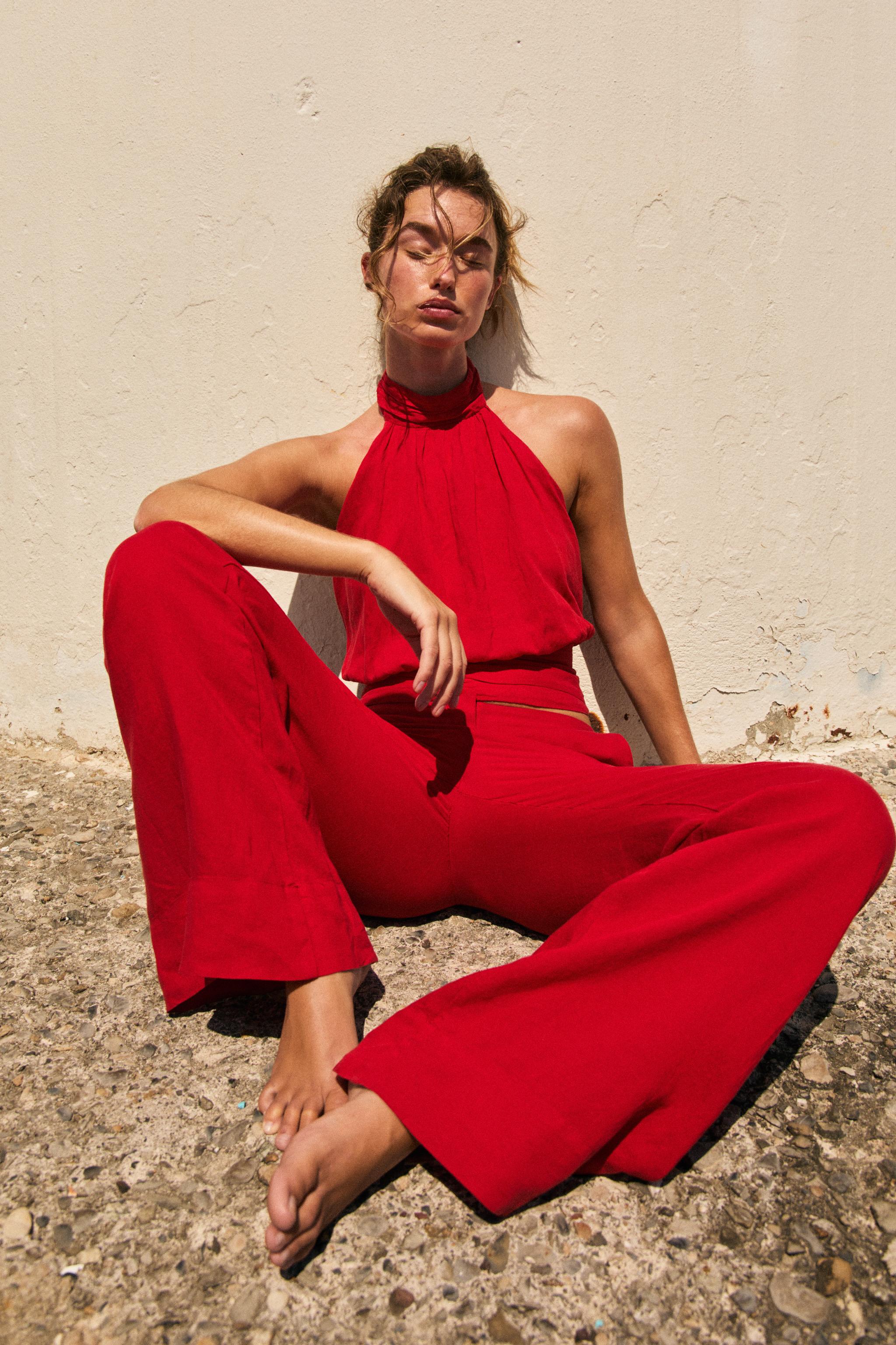 STRAIGHT LEG LINEN PANTS - Red | ZARA United States
