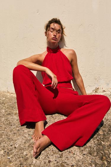 STRAIGHT LINEN BLEND TROUSERS - Red by Zara