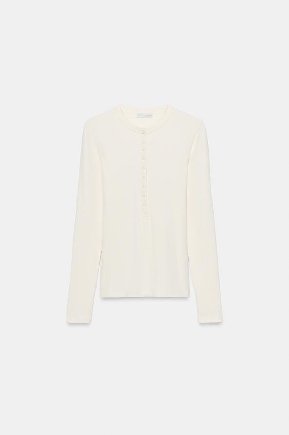 LONG SLEEVE HENLEY T-SHIRT - Ecru by Zara - Image 2