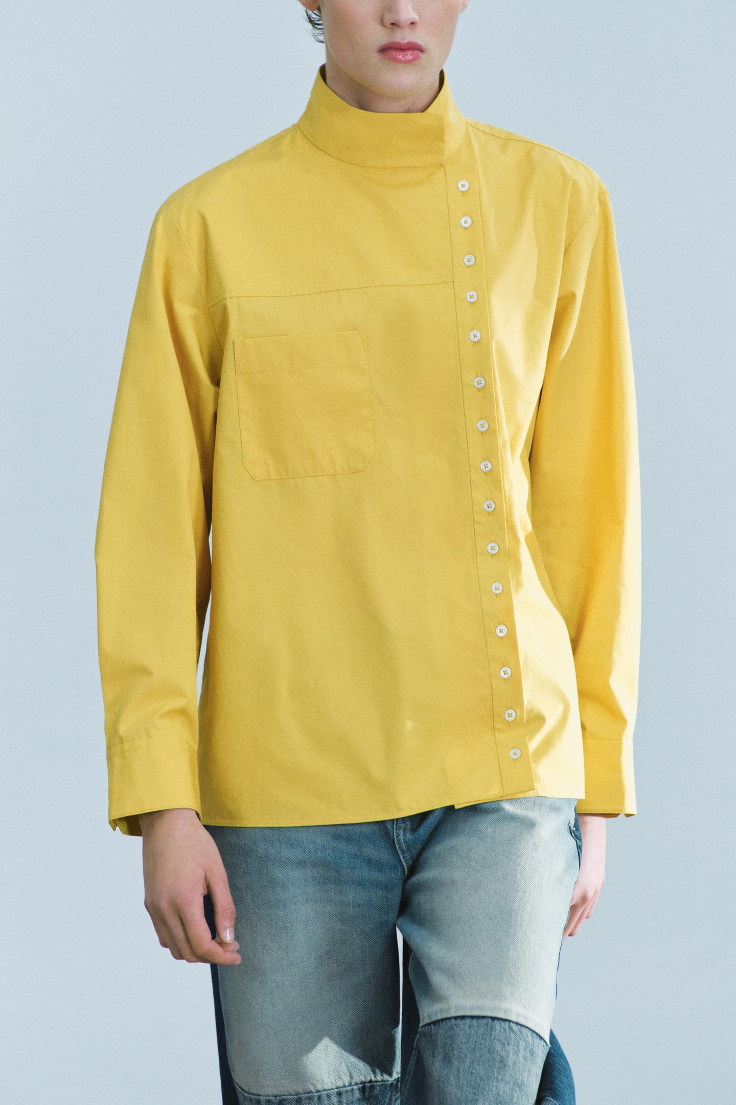 Женская рубашка Zara ZW Collection Wrap-Front Poplin, цвет: Горчичный — фото 2