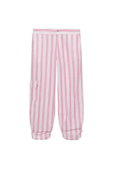 Zara STRIPED RUCHED PANTS - Pink / White