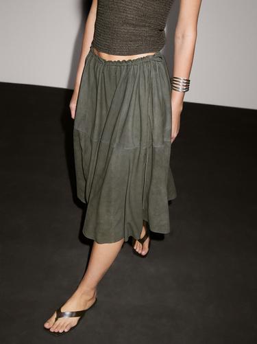 Zara Suede leather skirt with gathered detail - Khaki