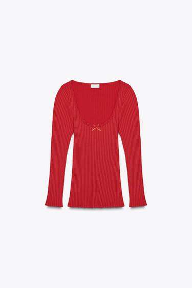 Zara SEAMLESS 羅紋蝴蝶結上衣 - 紅色