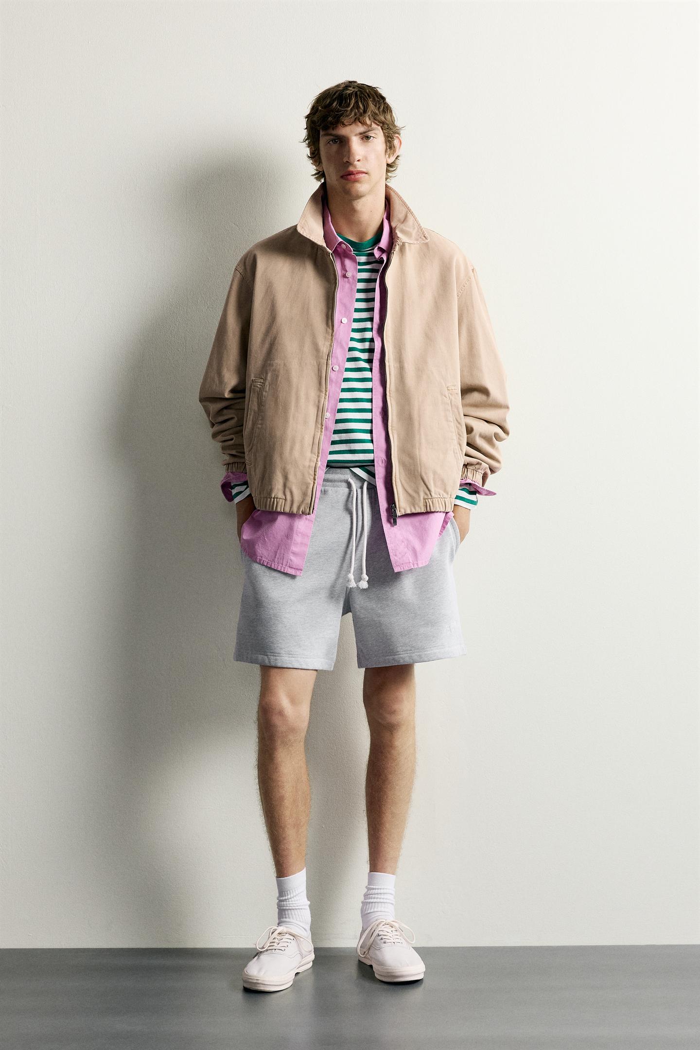 Мужские шорты Zara 0FR. Paris X ZARA Embroidered Bermuda, цвет: Серый меланжевый