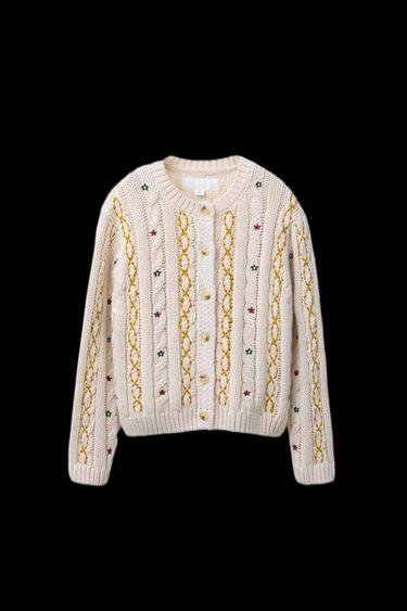 Zara EMBROIDERED CABLE KNIT CARDIGAN - Mid-ecru - Image 0