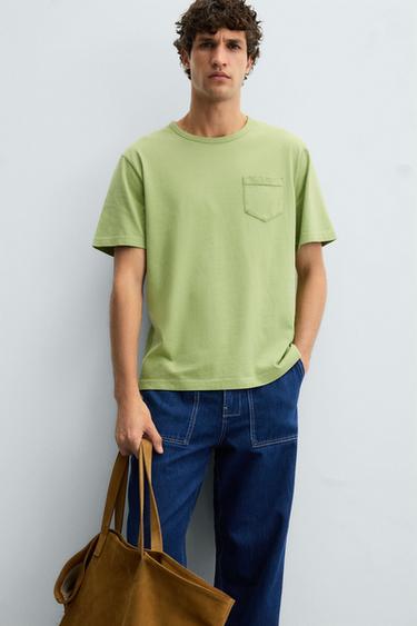 T-SHIRT LAVÉ AVEC POCHE - Vert de Zara - Image 4