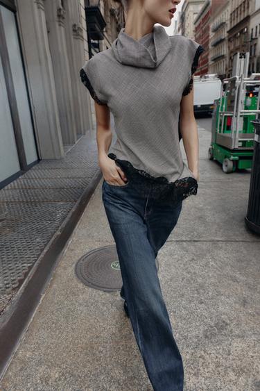 Zaras HUNDTANDSMÖNSTRAD TOPP MED SPETS - Svart/naturfärg