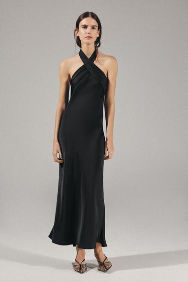 Zara SATIN MIDI DRESS - Black