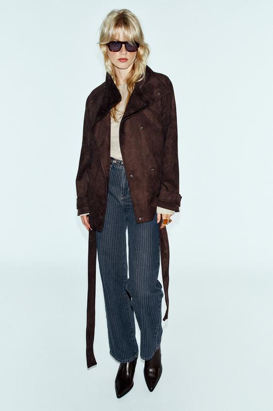FAUX SUEDE BELTED JACKET - Brown by Zara - Image 0