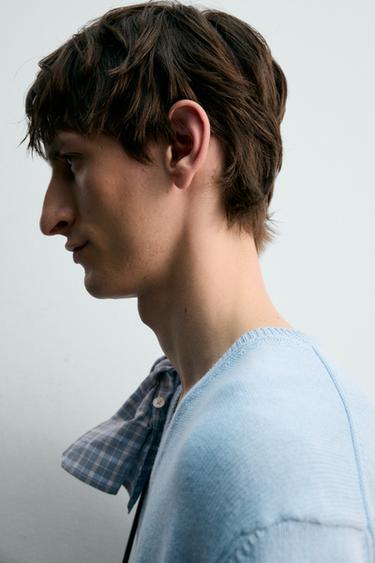 PULL COL EN V COTON ET LIN - Bleu clair de Zara - Image 5