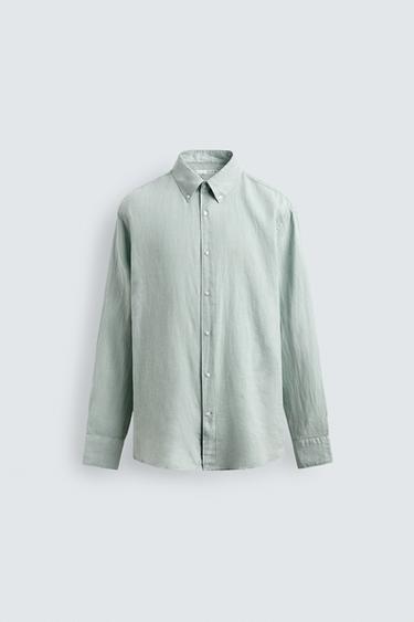 Zara REGULAR FIT 100% LINEN SHIRT - Blue / Green