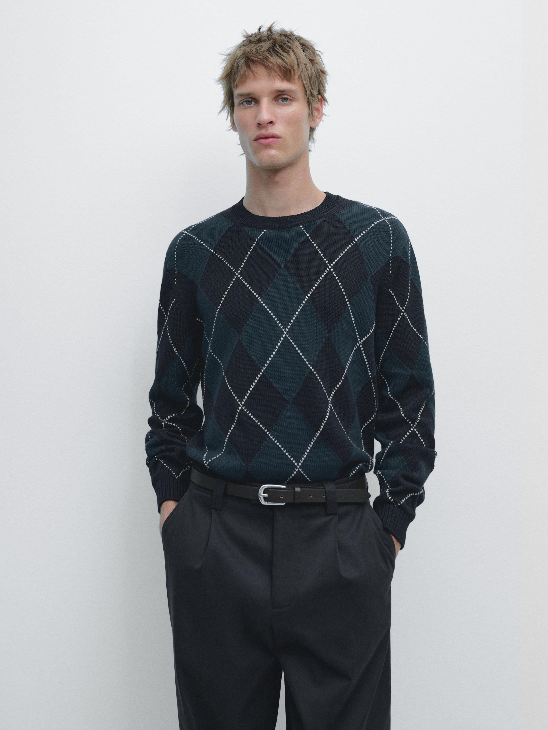 Cotton knit sweater with argyle detail