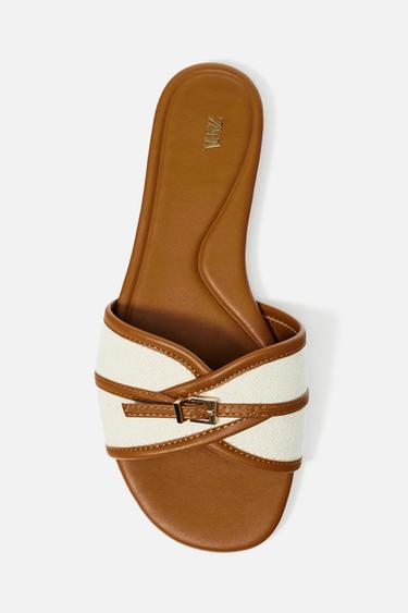 Zara FLAT CANVAS SANDALS WITH BUCKLE - Dark tan