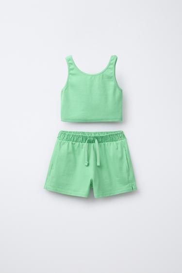 Zara HEAVY RIB T-SHIRT AND BERMUDA SET - Green