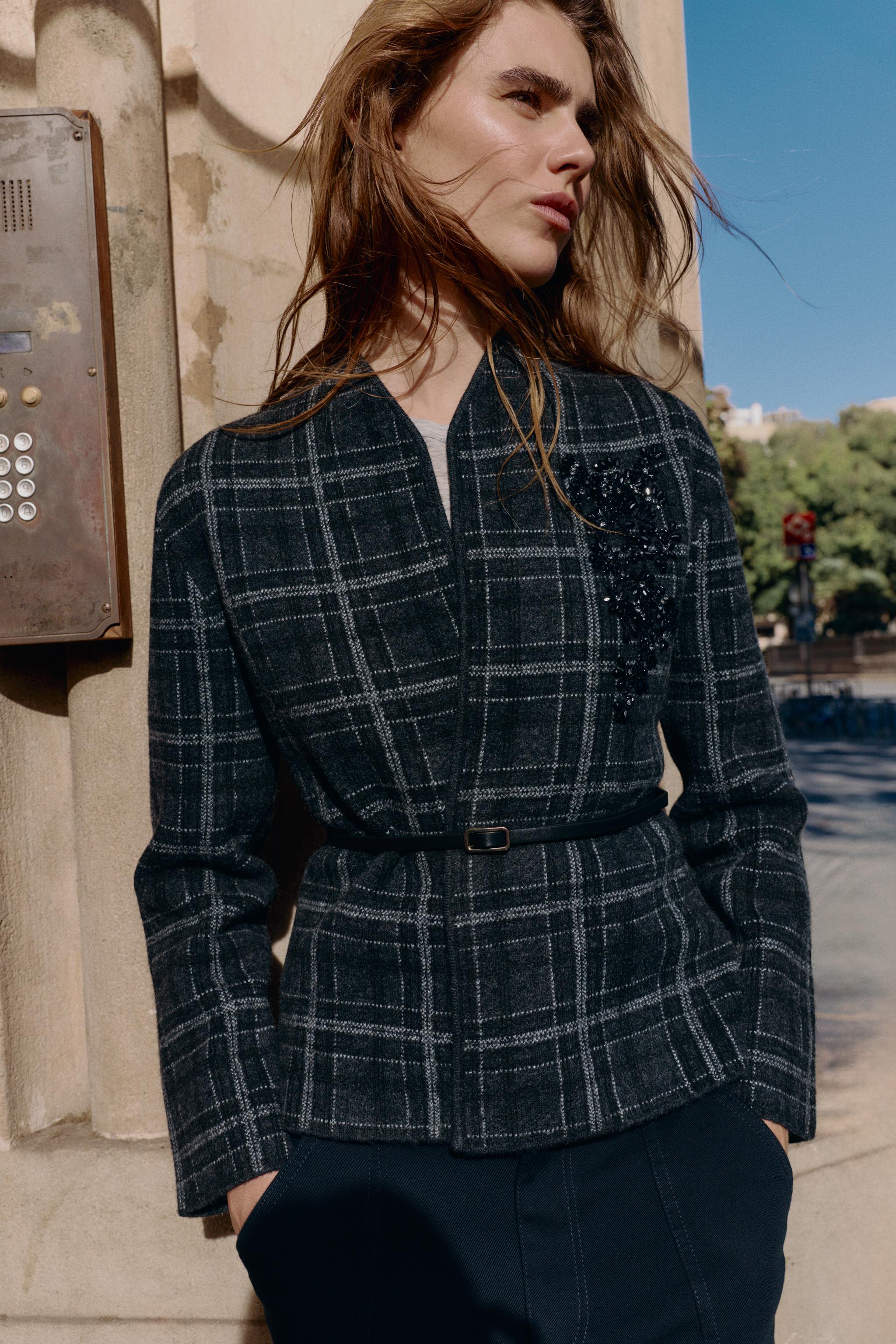 PLAID CARDIGAN WITH BELT - Gray | ZARA Canada