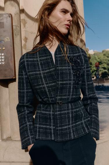 CHECK KNIT CARDIGAN WITH BELT - Grey by Zara - Image 0