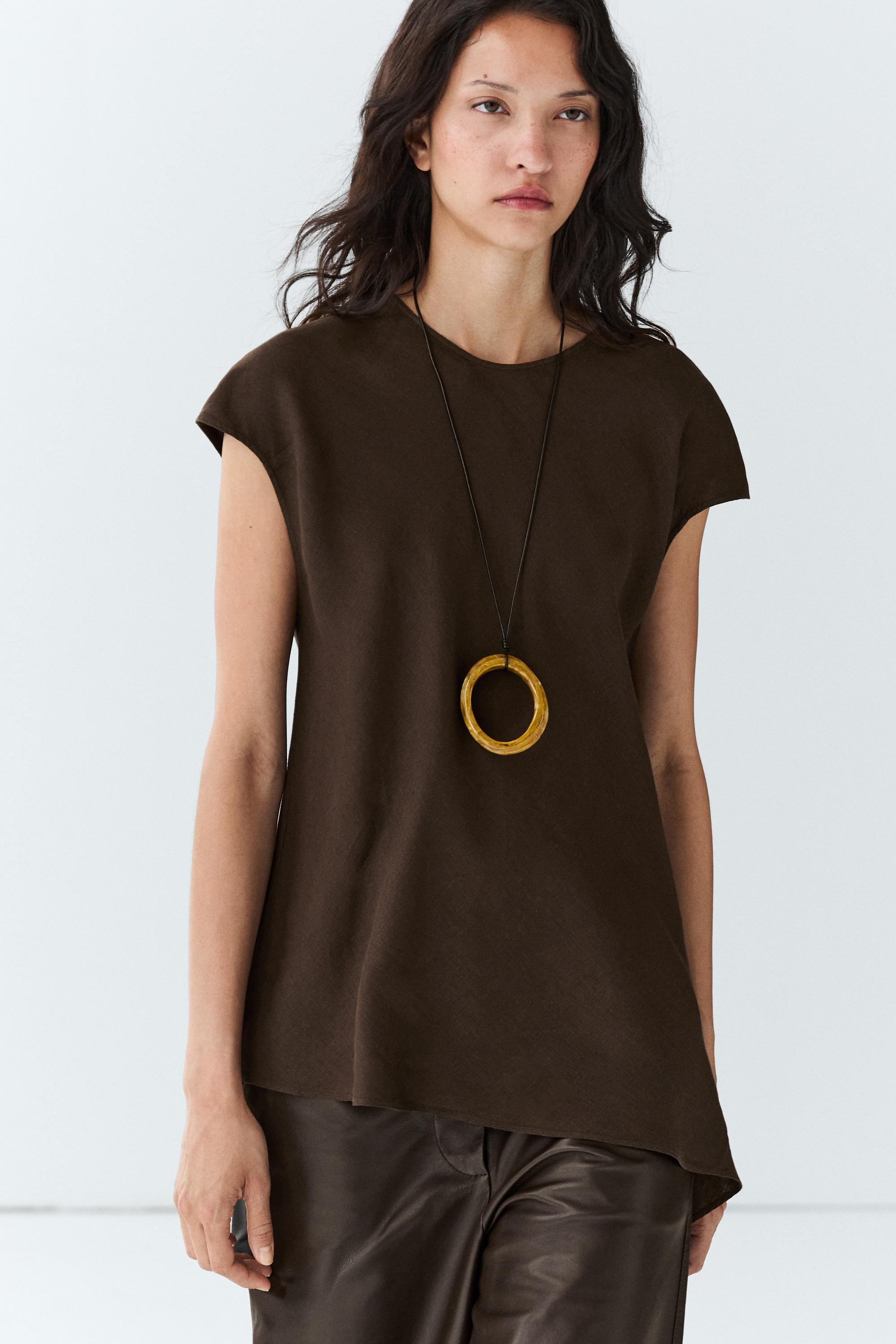 100% linen asymmetric top — Brown