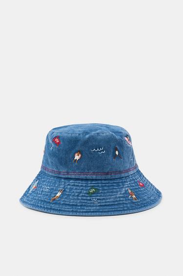 Zara EMBROIDERED BUCKET HAT - Blue - Image 0