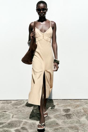 VESTIDO MIDI TIRANTES CON LINO - Beige de Zara