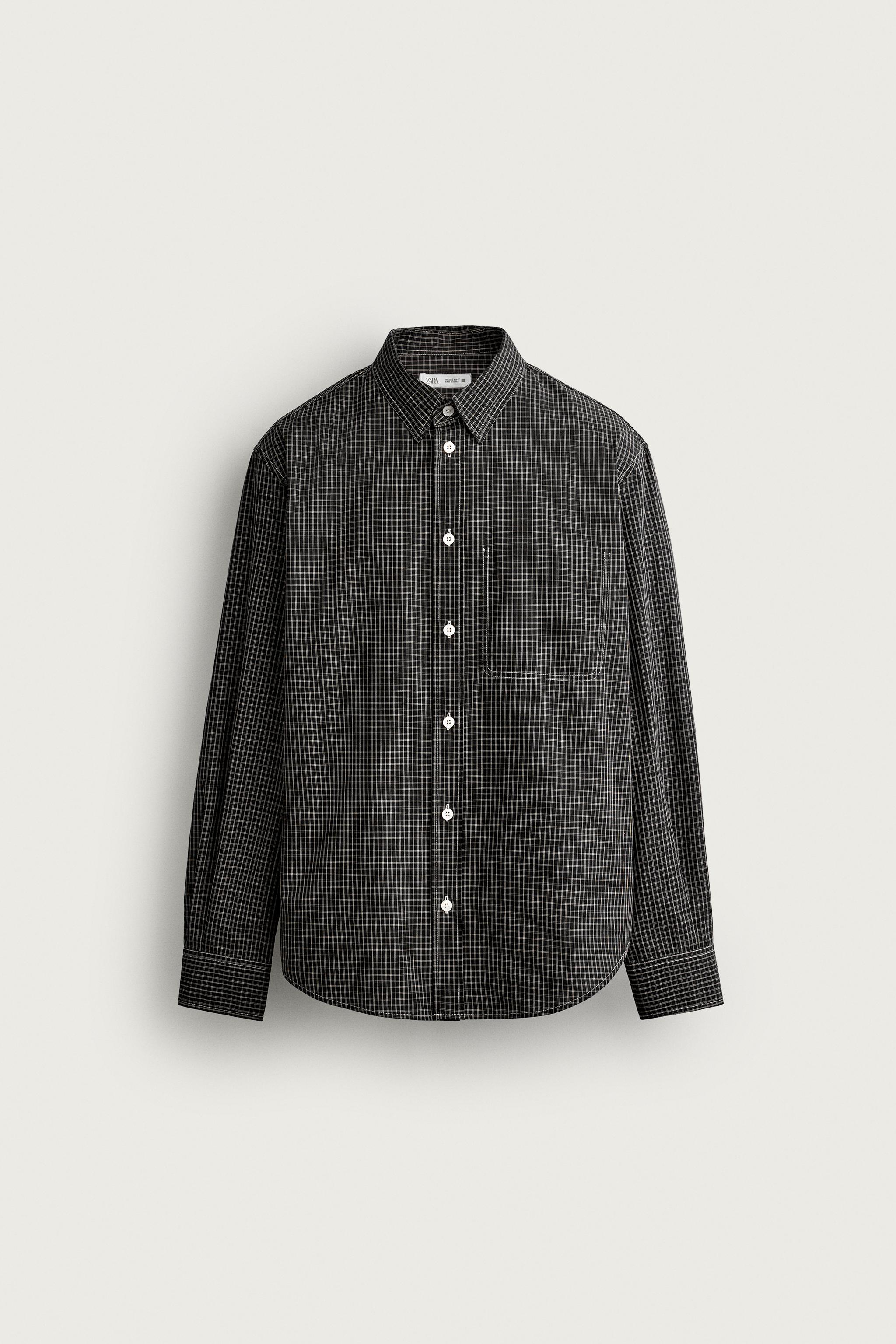 CONTRAST STITCH PLAID SHIRT — Black