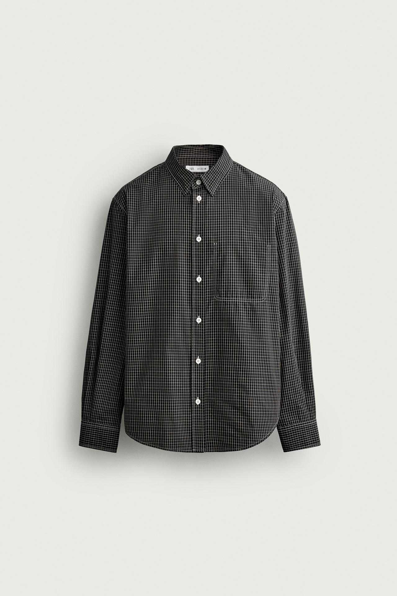 CONTRAST STITCH PLAID SHIRT — Black