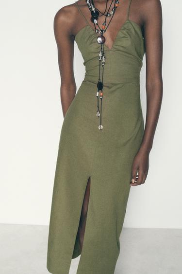 KORSETT-MIDIKLEID AUS LEINENMISCHGEWEBE - Khaki von Zara