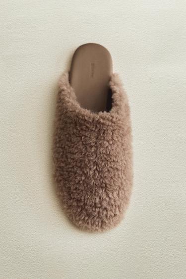 Zara WARM LEATHER MULE SLIPPERS - Taupe Gray
