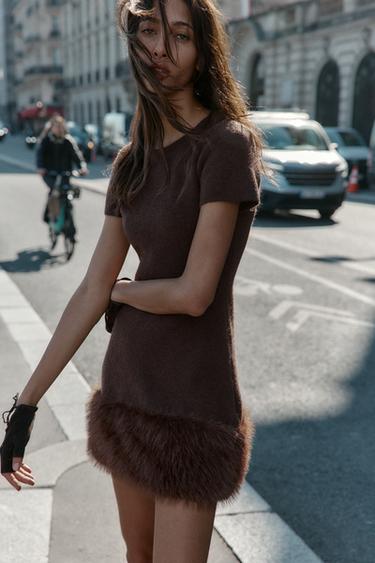 ROBE EN MAILLE BIMATIÈRE EFFET FOURRURE - Marron de Zara - Image 2