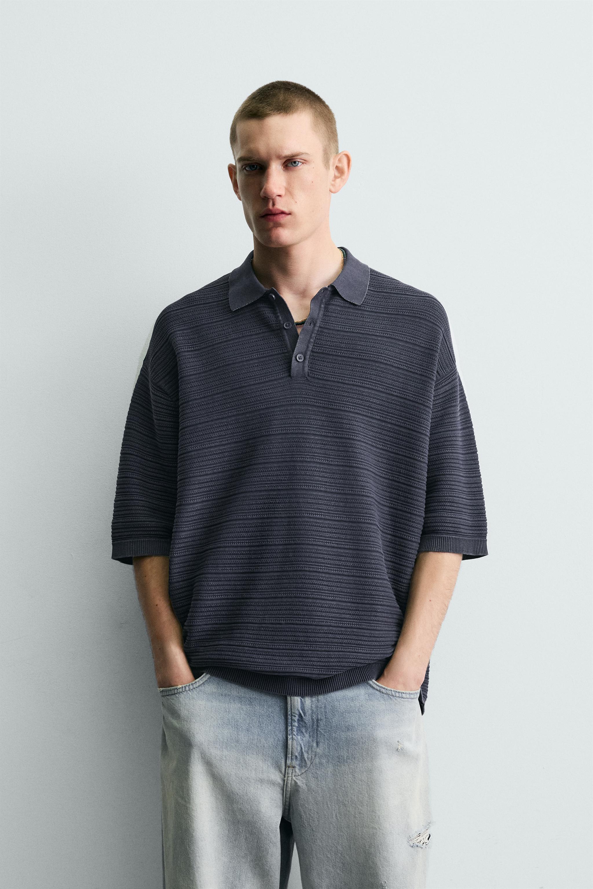 WASHED TEXTURED RELAXED FIT KNIT POLO SHIRT — Navy blue
