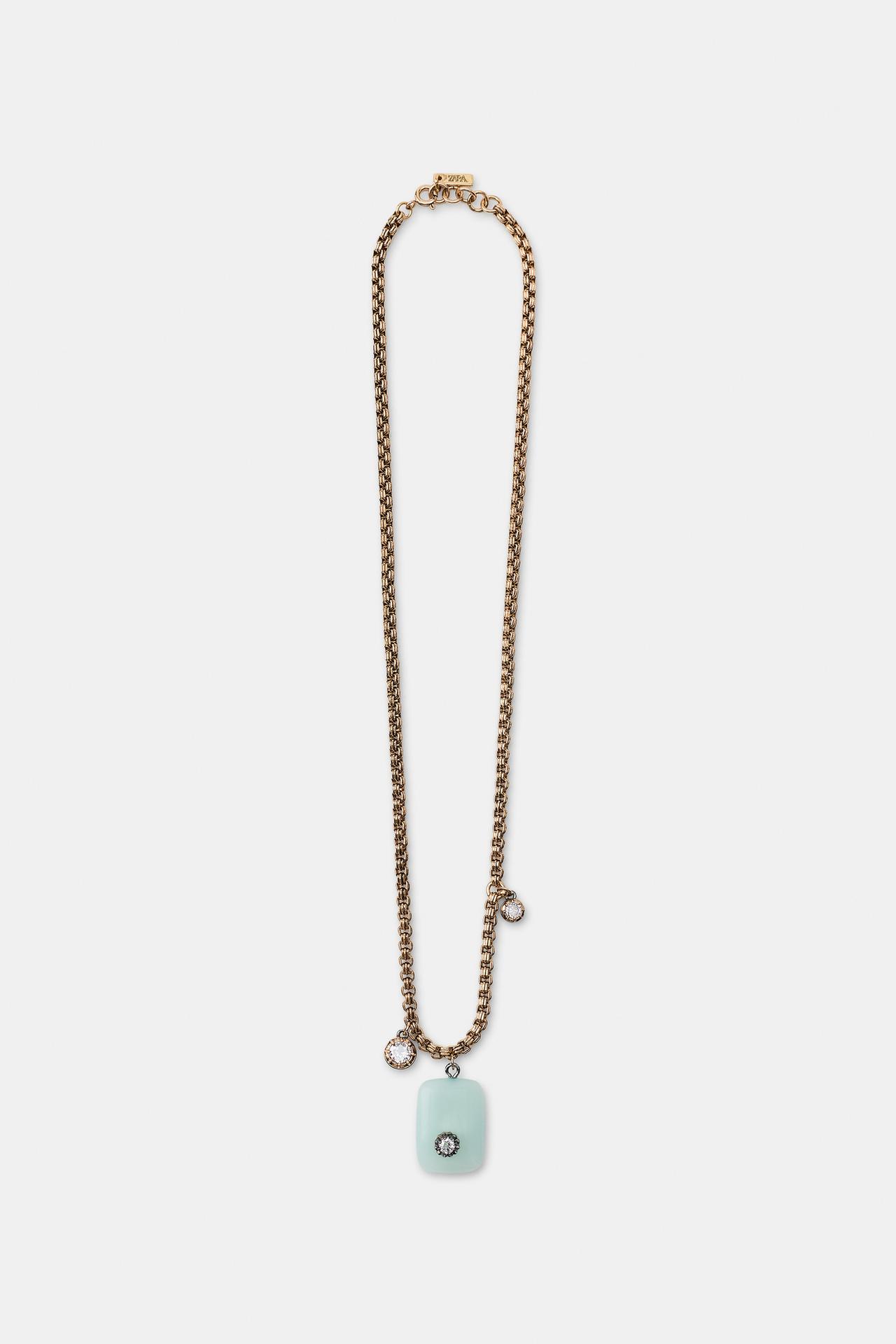 METALLIC STONE AND RHINESTONE NECKLACE — Aged gold