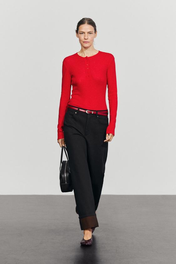 Zara Long sleeve cotton blend henley - Red - Image 0