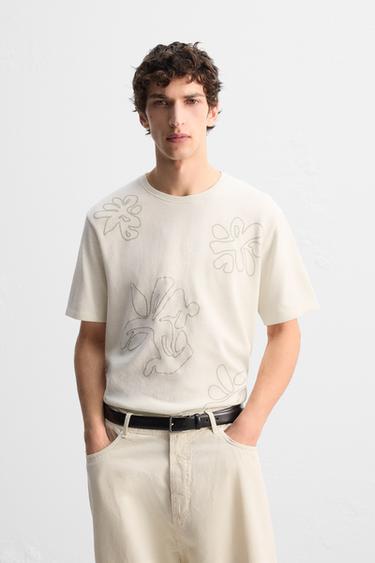 T-SHIRT WITH CONTRAST EMBROIDERY - Ecru by Zara