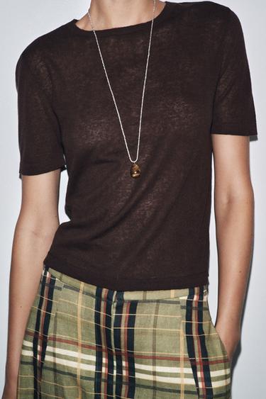 Zara SHORT SLEEVE LINEN KNIT TOP - Dark brown