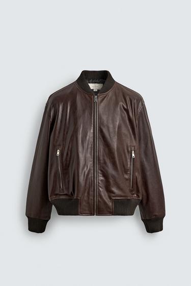 BLOUSON BOMBER EN CUIR CIRÉ - Marron foncé de Zara