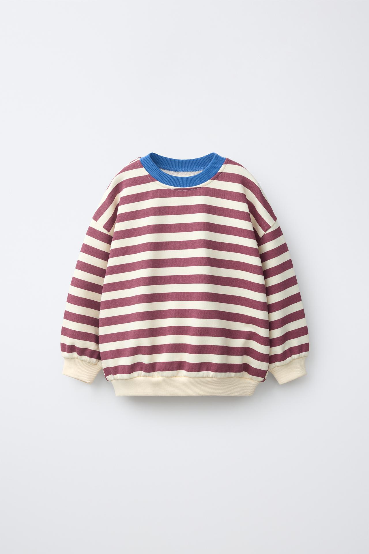 STRIPED PRINT SWEATSHIRT — Ecru / Maroon