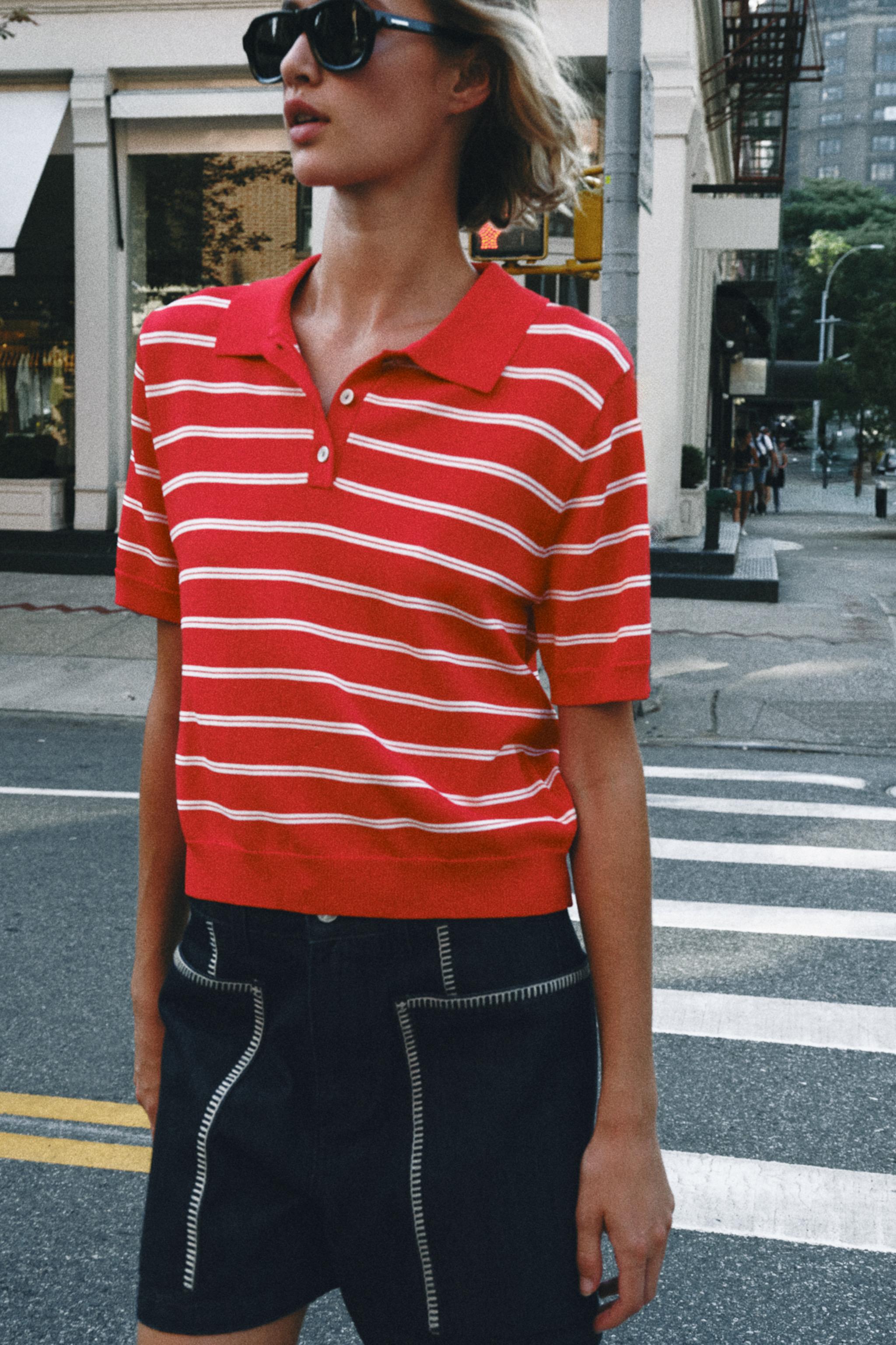 SHORT SLEEVE STRIPED KNIT POLO — Red