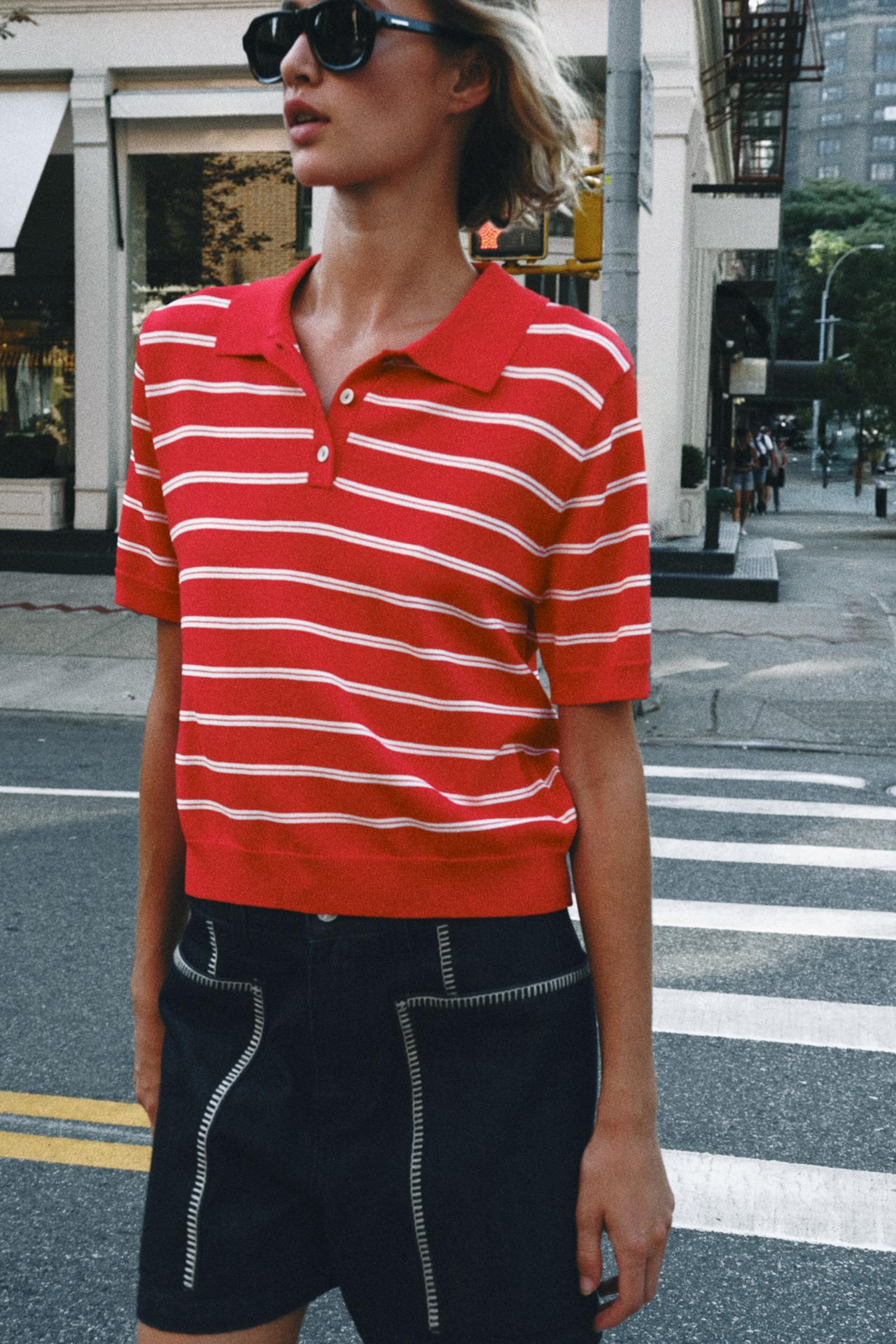 SHORT SLEEVE STRIPED KNIT POLO — Red