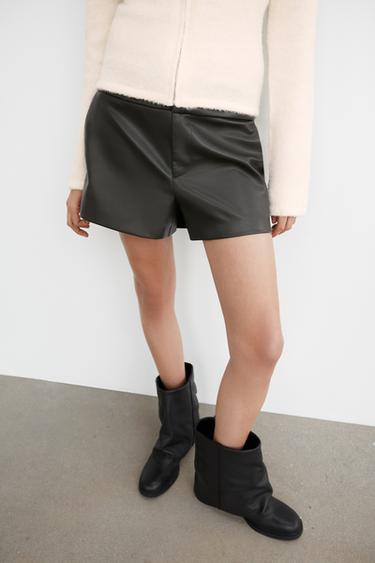 Zara FAUX LEATHER MINI SHORTS - Chocolate